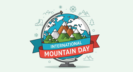 Flat vector illustration of a globe with mountain ranges highlighted, representing global importance of mountains, International Mountain Day theme, simple and educational design
