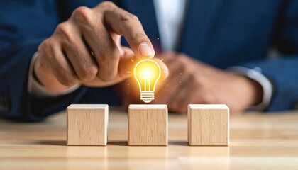 Finger points to glowing light bulb block between confusion and contemplation—symbolizing idea generation and problem-solving.