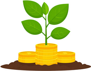 A sprout growing from a stack of coins in the ground