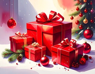 Festive red gift boxes with Christmas decorations
