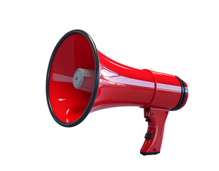 A red megaphone against a black background. 3D rendering of a public address device