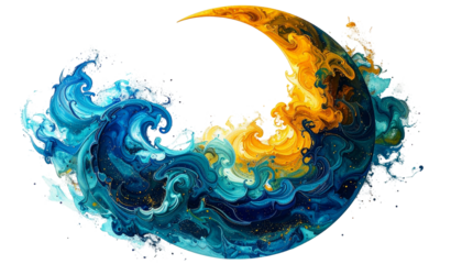 Abstract swirling crescent moon design with contrasting colors