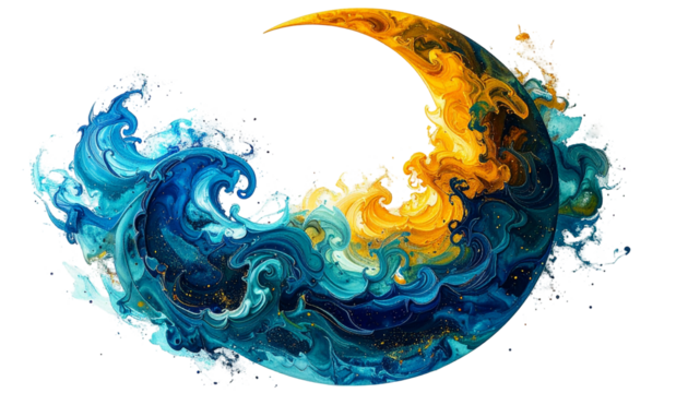 Abstract swirling crescent moon design with contrasting colors