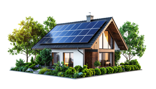 Modern home with solar panels on a sunny day