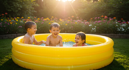 Young happy children having fun in inflatable pool in backyard on sunny summer day