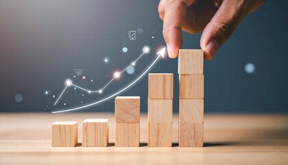 Hand places final block atop rising staircase, glowing arc highlights progress and growth.