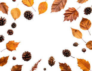 Autumnal Frame of Leaves and Pine Cones
