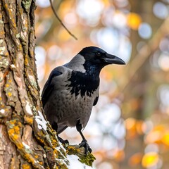 A crow perched on a tree trunk in autumn
