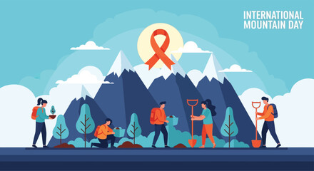 Colorful flat vector design of people planting trees and protecting mountain ecosystems, raising awareness for International Mountain Day, uplifting and eco-friendly visual