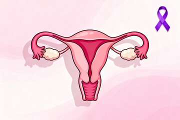Illustration of the female reproductive system with a purple awareness ribbon