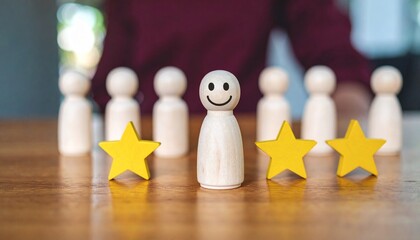 Smiley-faced wooden figure stands out with a five-star rating, symbolizing excellence and recognition.