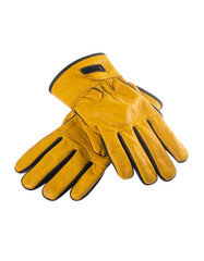 Close-up of a pair of mustard yellow leather gloves