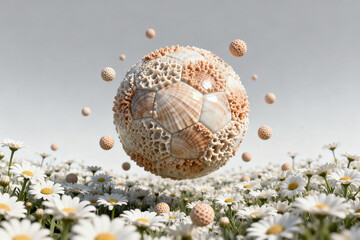 A spherical structure composed of shells and honeycomb-like patterns floats above a field of daisies, with smaller spheres surrounding it.