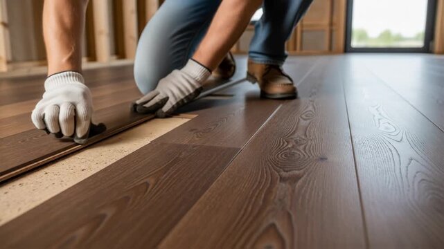 Skilled worker installing wooden flooring in a home interior, showcasing craftsmanship and attention to detail, with natural light illuminating the workspace
