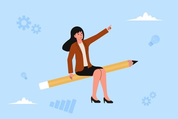 Fototapeta premium Creative woman riding a giant pencil while pointing toward the sky in a bright, imaginative illustration