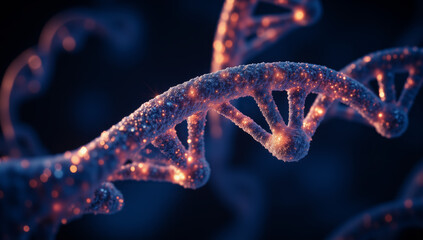 Close-up photograph of a textured, branching structure with a deep blue and purple color palette. The structure has a rough, almost fuzzy texture with small, glowing orange spots scattered across its