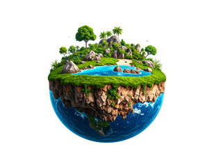 Floating island on a globe. Lush greenery and water