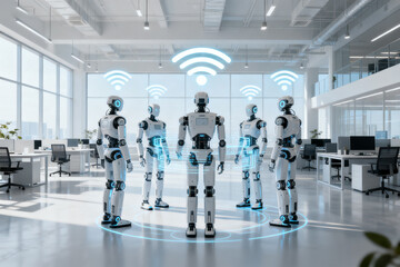 Robots communicating in a modern office with wireless connectivity symbols