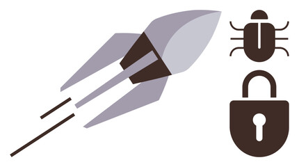 Rocket blasting off symbolizing progress near bug for software issues and lock for data security. Ideal for technology, cybersecurity, innovation, troubleshooting, protection, software development
