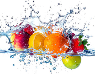 Vibrant fruits splashing in water