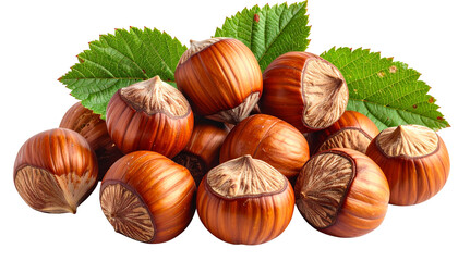Hazelnuts clustered with leaves