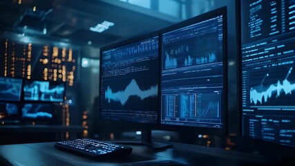 Multiple Computer Screens Displaying Blue Data Visualizations in a Dark Room - Powered by Adobe