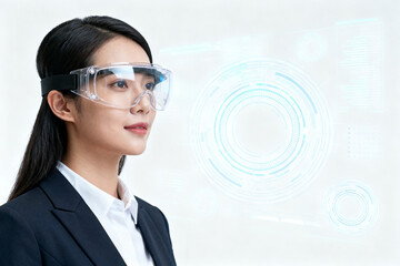 Woman wearing futuristic smart glasses with digital interface overlay