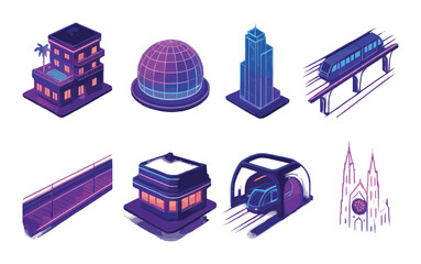 Futuristic neon cityscape with buildings and transportation elements in vibrant colors