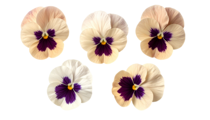 Close-up view of five pansy flowers in various shades of beige and white, showcasing intricate purple centers