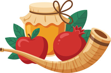 Jewish religious symbols flat illustration, Star of David, Torah scroll, Shofar, Tallit, dove, Judaism vector, spiritual heritage design