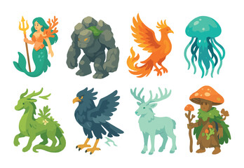 Obraz premium Magical fantasy creatures: mermaid, golem, phoenix, jellyfish, deer, eagle, stag, mushroom