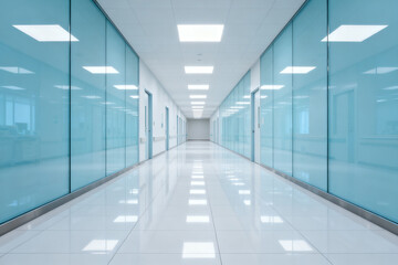 Modern office hallway with glass walls and reflective flooring