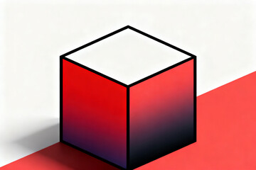 A red gradient cube with a white top surface, positioned on a red and white background.