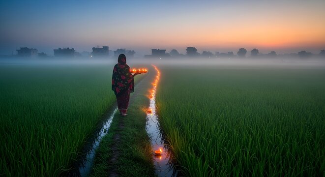 Rice field in morning mist, someone walking holding diyas, floral shawl draping, rural Diwali reflection.