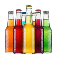 Colorful soda bottles with water droplets isolated on transparent background