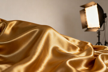 Golden satin fabric draped under studio lighting