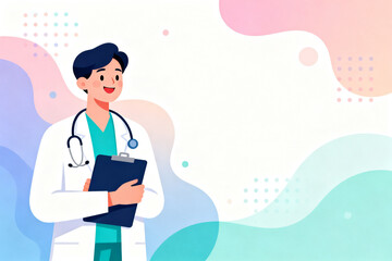 Illustration of a smiling doctor holding a clipboard with a stethoscope around the neck against a colorful abstract background