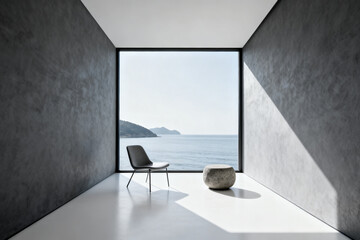 Minimalist interior space with large window overlooking the sea, featuring a modern chair and stone sculpture