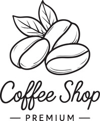 Coffee shop logo with beans, leaves, and premium text black and white vector illustration for café branding and packaging