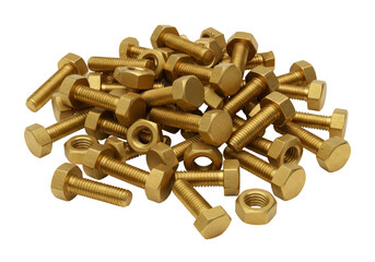 Isolated heap of gold-tone hex bolts, nuts and threaded fasteners for engineering projects