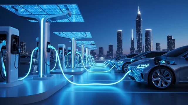 Futuristic electric car charging station with solar panels at night