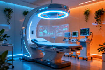Modern medical examination room with advanced diagnostic equipment and ambient lighting