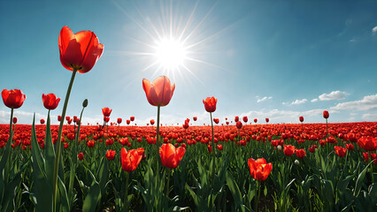 Lush red tulips under clear blue sky in sunny weather