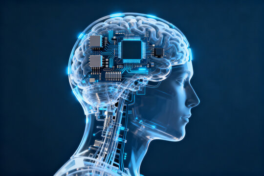 Human brain with integrated circuitry and neural interface technology - Powered by Adobe