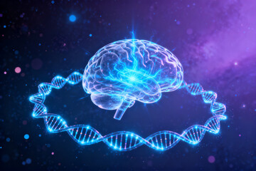 A glowing brain encircled by a DNA double helix against a cosmic background, symbolizing the connection between genetics and neuroscience.
