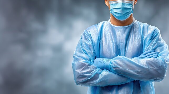 doctor close-up standing with arms crossed on chest, in blue medical gown, on light blue background, concept of sterility and safety. international doctor's day. - Powered by Adobe