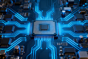 Close-up of a microprocessor on a circuit board with illuminated blue pathways