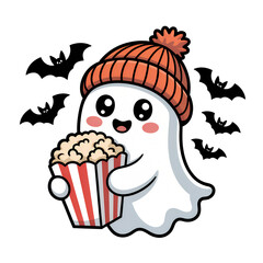 Cute ghost with beanie holding popcorn surrounded by flying bats in fun Halloween cartoon style
