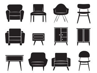 Furnitures silhouette icon vector illustration solid black essential living room items