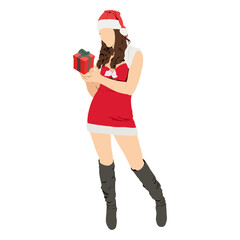 vector illustration of woman with santa hat holding gifts.
